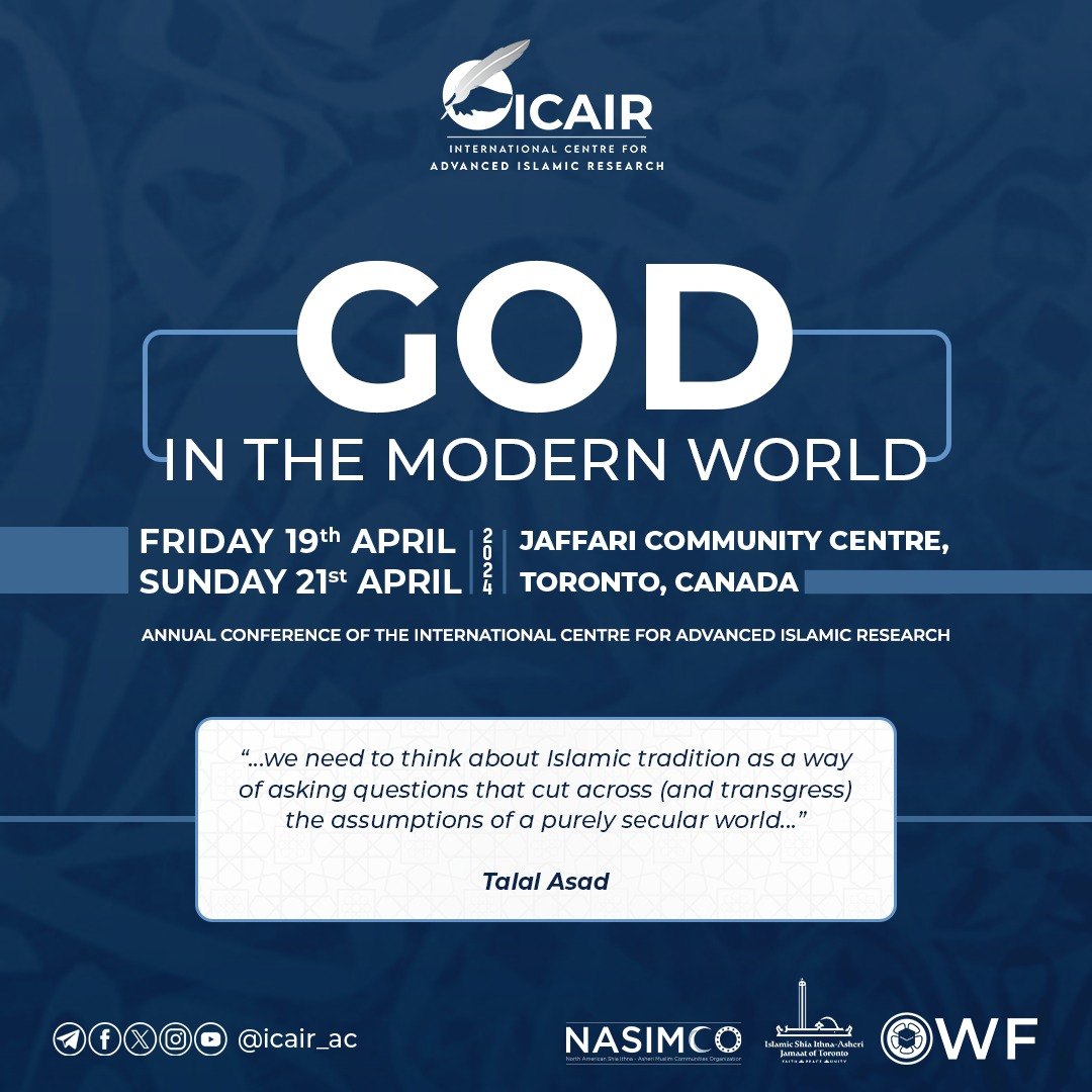 Conference flyer for God in the Modern World, carrying a quotation from Talal Asad on Islamic tradition as a way of asking questions that cut across the assumptions of a purely secular world.