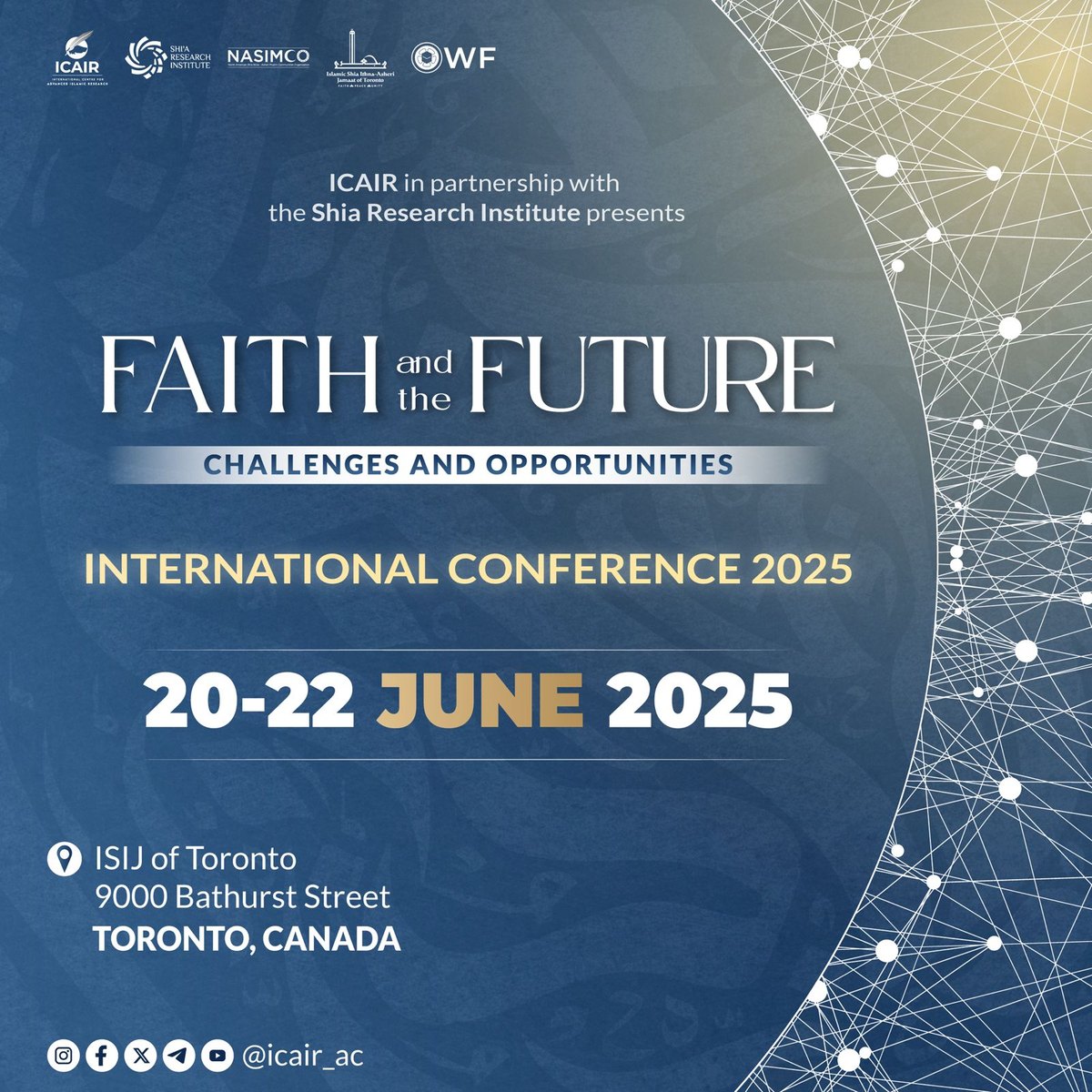 Conference flyer for Faith and the Future over a constellation graphic, noting ICAIR's partnership with the Shia Research Institute.