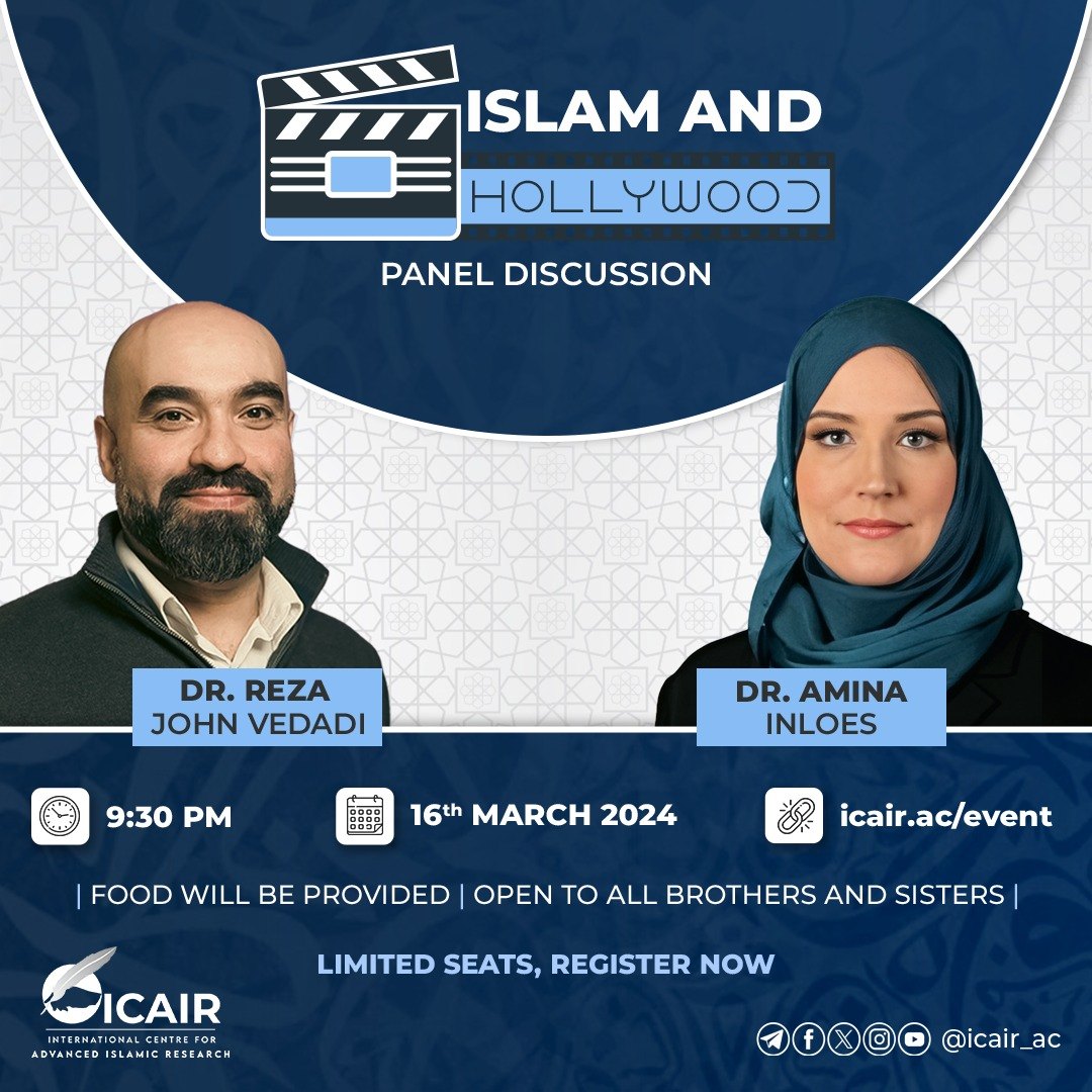 Panel discussion flyer with a film clapperboard, and photographs of Dr Reza John Vedadi and Dr Amina Inloes.