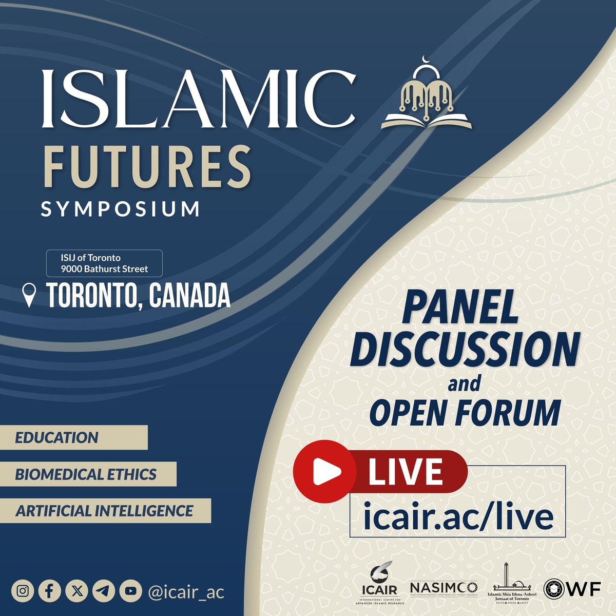 Symposium flyer listing the forum's three subjects, education, biomedical ethics and artificial intelligence, and marking the evening as live-streamed.