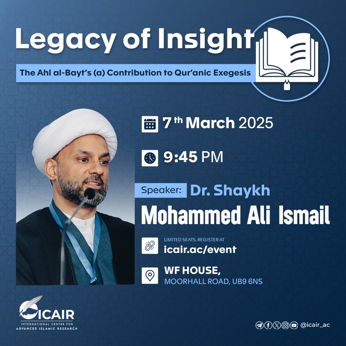 Seminar flyer with an open-book emblem and a photograph of Dr Shaykh Mohammed Ali Ismail.