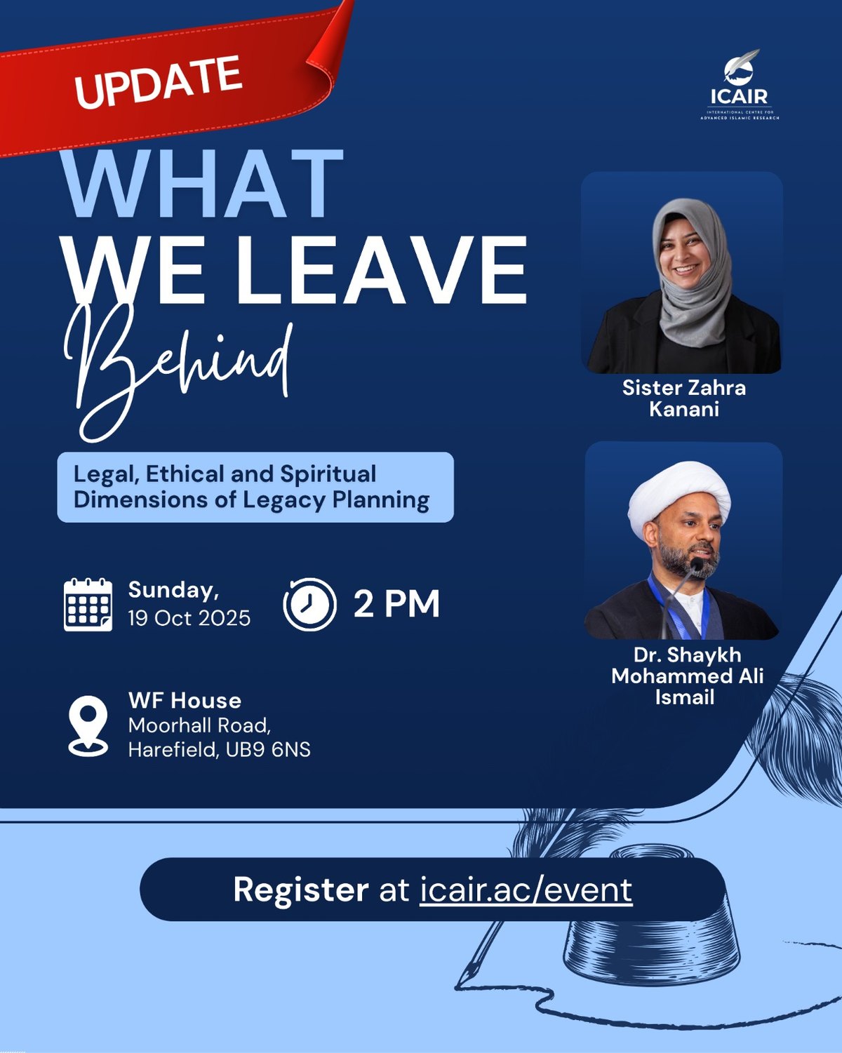 Event flyer for What We Leave Behind, giving the date as Sunday 19 October 2025 at 2pm at WF House, Harefield, with portraits of the two speakers.