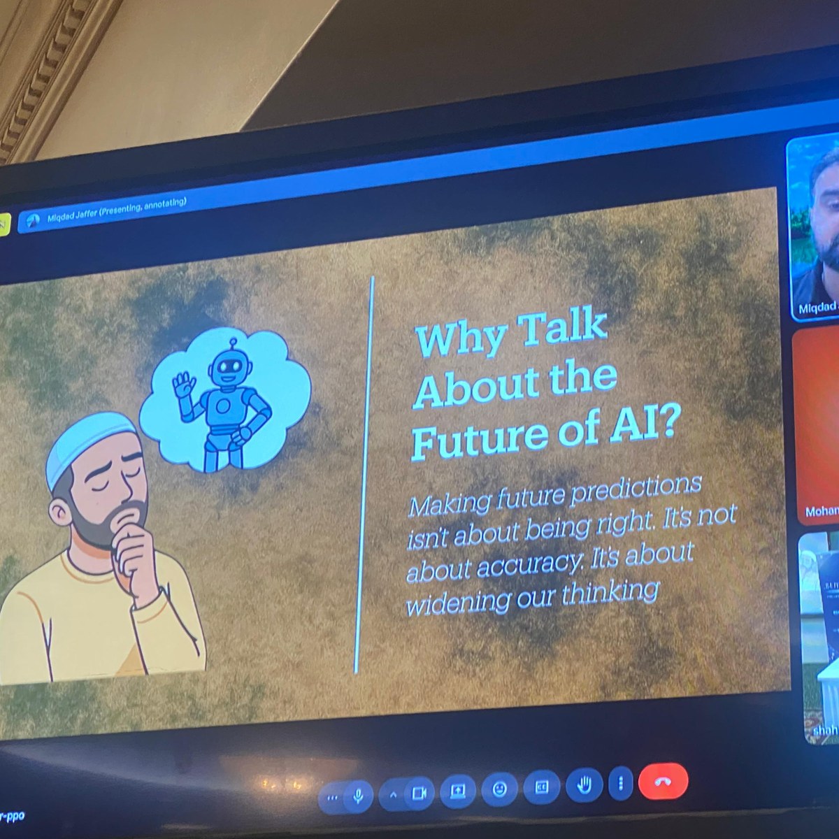 A session screen reading "Why Talk About the Future of AI? Making future predictions isn't about being right. It's not about accuracy. It's about widening our thinking."